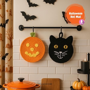 May include: Two crochet hot mats for Halloween. One is orange and shaped like a jack-o'-lantern with yellow facial features. The other is black and shaped like a cat's face with yellow eyes and white whiskers. The text "Halloween Hot Mat" is in an orange circle.