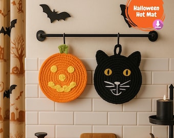 Schema PDF per l'uncinetto con tappetino riscaldante di Halloween: sottobicchieri a forma di zucca e gatto (download immediato)