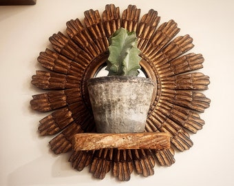 Handcarved Wood Gold Sunburst Mirror with Shelf