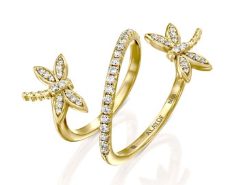 Ring Libelle 18K Diamanten Libellen Duett Damen Schmuck Natur Luxus Funkelndes Paar Unisex Geschenk ALAYOF Gelbgold