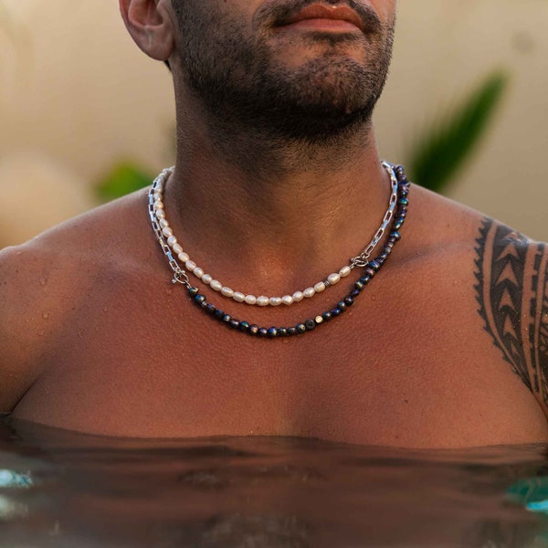 Perlen Halskette Männer Sterling Silber 925 handgemachte Schmuck natürliche Süßwasser Luxus Unisex Geschenk für Männer Alayof