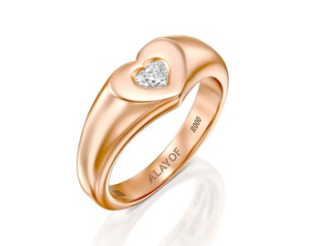 18K Gold Heart Pinky Ring, Signet Ring, Pinky 18K Gold Ring, Signet Heart Ring, Unique Pinky Ring, Statement Gold Signet Ring, ALAYOF 0.20ct