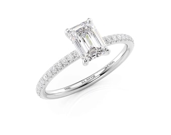 Engagement ring/pave diamond band/GIA Emerald cut/platinum/18K gold band/ 1CT-0.30CT ALAYOF gift/fine jewelry/handmade/wedding ring emerald