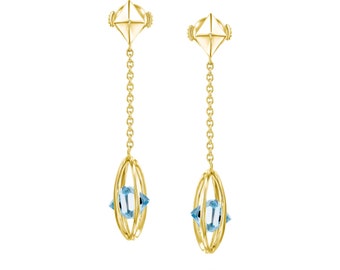 Earrings Cage Blue Topaz Yellow Gold 18K Women Jewelry Natural Luxury Sparkling Couple Unisex 5.55 Carats VS+ Gift Alayof