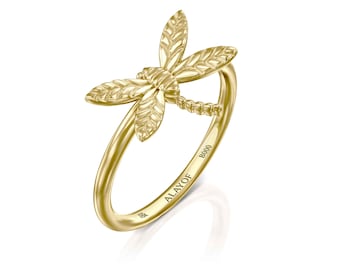 Dragonfly Ring Yellow Gold 18K Women Jewelry Natural Luxury Sparkling Couple Unisex Gift ALAYOF handmade, for her, dragonfly gold ring