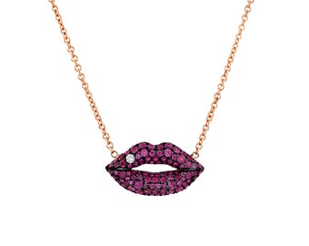 Necklace Lips Gold Diamond 18K Women Men Jewelry Natural Ruby and Diamonds Luxury Sparkling Couple Unisex 1.50ct  Gift