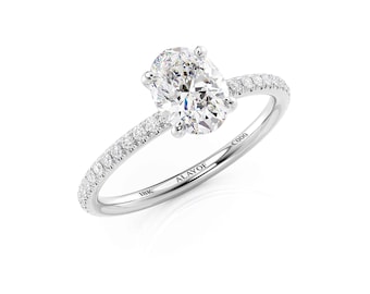 Anillo de compromiso Ovalado/banda de diamantes pavé/GIA Diamante talla ovalada/platino/banda de oro de 18K/1CT-0.30CT ALAYOF regalo/joyería fina/hecho a mano/anillo de boda