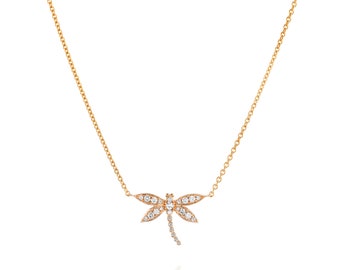 Libelle Halskette Rose Gold 18K Frauen Schmuck Natürliche Diamanten Luxus, Libelle Anhänger/Unisex Geschenk /ALAYOF/ Libelle mittlere Größe