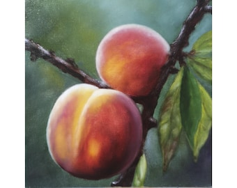 Persika original oljemålning Persikaträd Frukt väggkonst Original köksmålning Gåva Anpassad oljemålning Handgjord 10 x 10 tum av Lyudmylaart23
