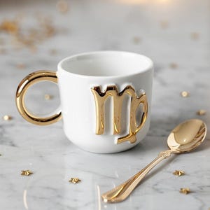 Op de afbeelding: Witte keramische mok met een gouden oor en een gouden Maagd-symbool. Een gouden lepel ligt naast de mok. De mok en lepel staan op een marmeren oppervlak met gouden stervormige confetti.