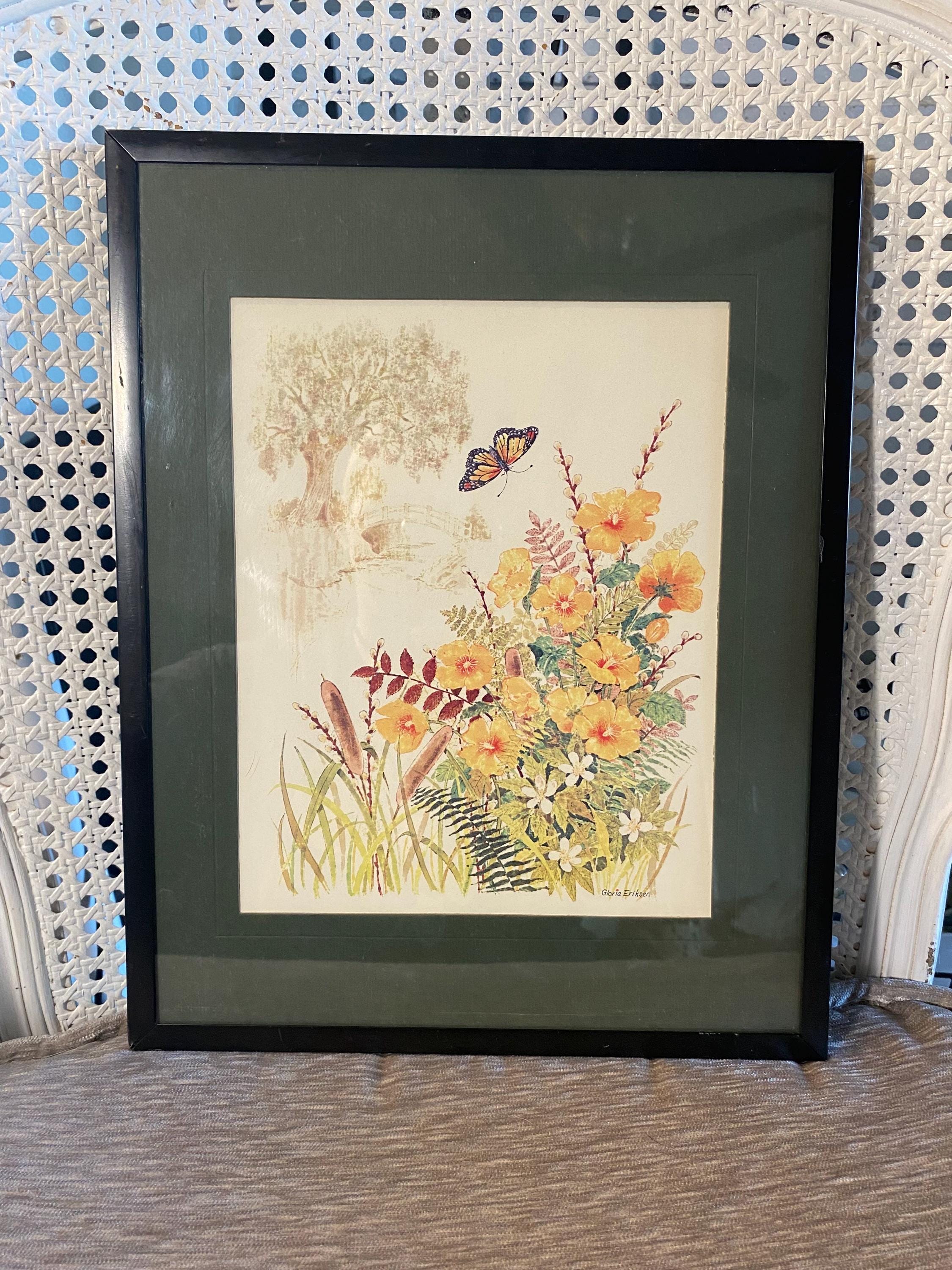 Vintage - 1980’s - Wall Hanging - Floral -Butterfly - Gloria Eriksen -Framed and Matted Print -Under Glass -Nature -  11" Wide x 14" Tall