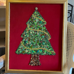 Vintage Jeweled Christmas Tree Art: Handmade Gem & Button Canvas