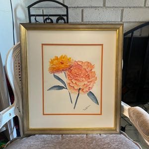 Original - Watercolor Painting -Signed and Dated by Artist - Morning Rose -Pink and Orange - Framed - Matted - Under Glass - 19.25&#39; x 17.25&quot;