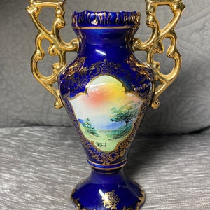 Vintage - 1970&#39;s - Petite - ELPA - Alcobaca -Portugal -Cobalt Blue -Decorative Vase -Gold Handles & Gold Trim -Fine Porcelain -6 Inches Tall