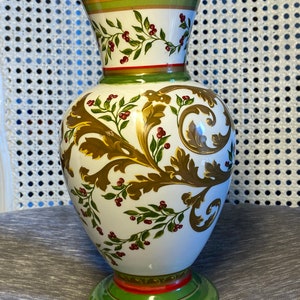 Vintage - 1990&#39;s - Laura Ashley - FTD - White, Green & Gold Vase - Red Berries - Laura Ashely Christmas Decor