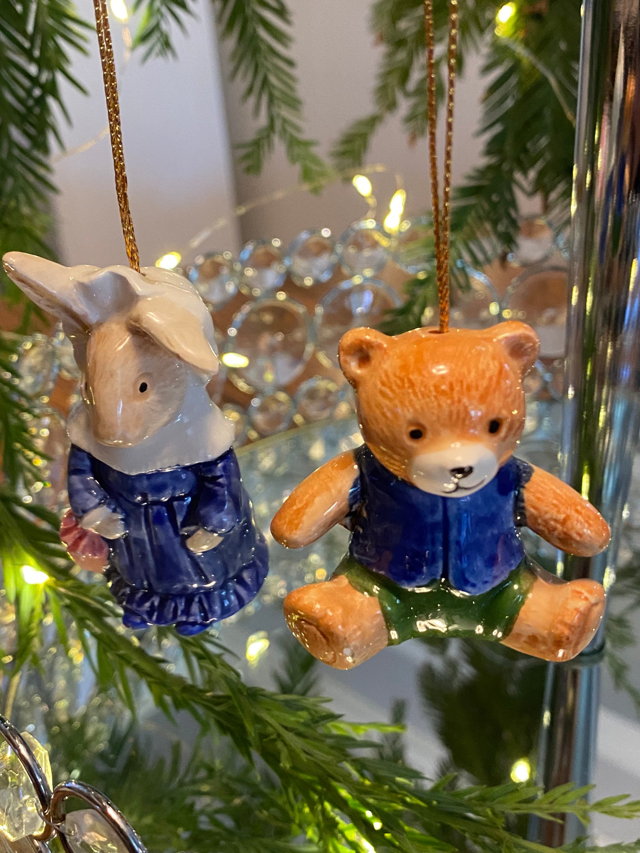 Vintage Takahashi Porcelain Christmas Ornaments: Rabbit & Bear Set