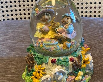 Vintage -1990&#39;s -Spring Musical Easter Water Globe -Two Bunnies Painting Eggs -Made by Mercuries USA - Bunnies, Eggs and Flowers Around Edge