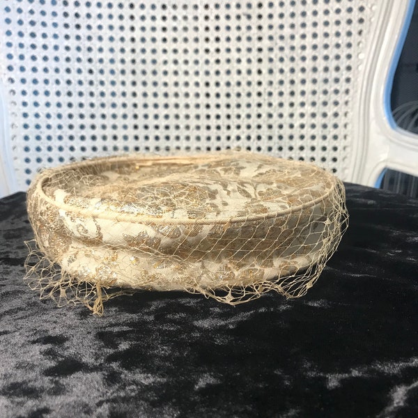 Vintage - 1950's - Ladies Pill Box Hat - Gold and Silver Lame Threaded Design - Off White Base with Off White Netting that Drapes Over Face