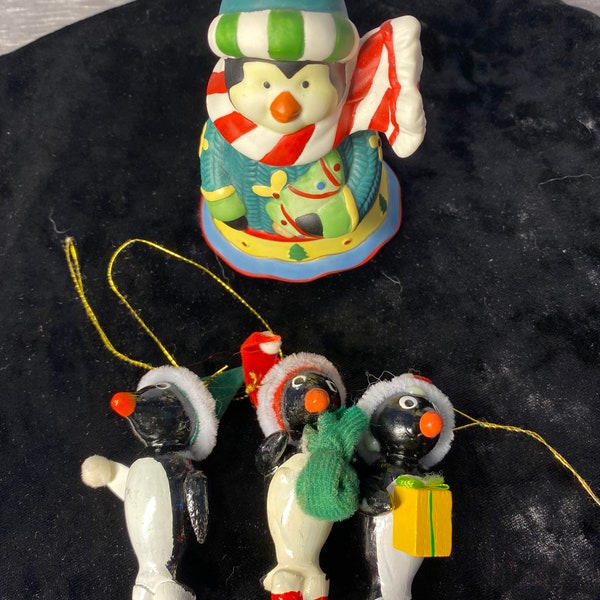 Vintage - 1970's-1980's - Christmas Tree Ornaments - Group of 4 - Wooden Penguins - Set of 3 - and Ceramic Penguin Bell Ornament