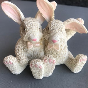 Vintage - 1990&#39;s - Charming Bunny&#39;s Ceramic Figurines - White with Sparkles, Seated Side by Side