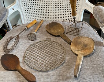 Antique -Late 1800's -Early 1900's -Kitchen Utensils -Wood -Three (3) Wooden Butter Scoops -Potato Masher, Spring Coil Beater & French Whisk