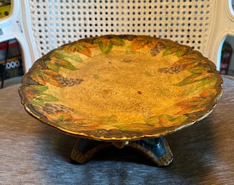 Vintage - Early 2000&#39;s - Decorative Compote - Pedestal Platter - Fruit Dish - Tan Yellow Plate - Grapes and Leaves - 11.75&quot; Long x 4.5&quot; Tall