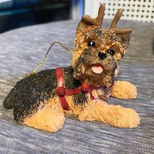 Vintage - 1980&#39;s - Yorkshire Terrier Christmas Tree Ornament - Holiday Harness with Reindeer Ears -Man&#39;s Best Friend Decked out for Holidays