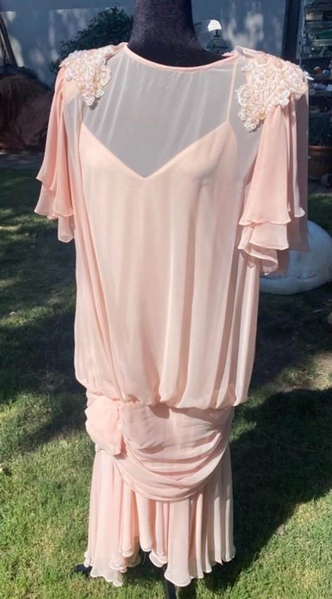 Vintage 80s Pink Chiffon Dress: Sequin & Pearl Accents, Drop Waist