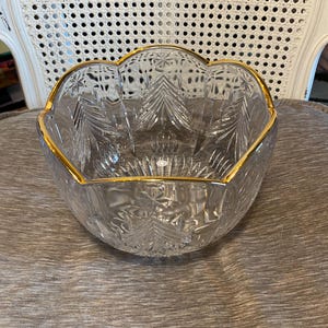 Vintage - Mikasa Crystal - 7.58 Diameter - Round Bowl - Cut Glass - Christmas Tree Pattern - Scalloped & Gold Rim - 6 Inches Tall