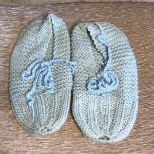 Vintage Hand Crocheted Slippers Booties - Light Blue Laced Ties - Size 8-9