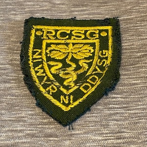 May include: A green and gold embroidered patch with the text "RCSC" and "N.Y.D.D.S.G." around a stylized tree design.
