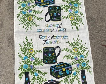 Vintage - 1990&#39;s Linen Tea Towel - EARLY AMERICAN TINWARE - Blues, Greens, Black. and Yellow