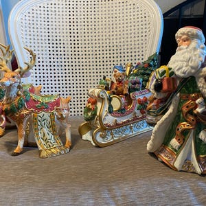 Vintage Kirkland Santa Sleigh Reindeer Candle Holder Set - 1990s Christmas Decor