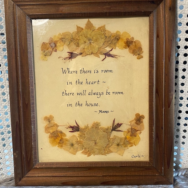 Vintage - Dried Flower Art - “Where There is Room” - Wood Frame - Signed “Carli” - Cottage Chic - Framed Wall Hanging - 12.5” x 10.5”