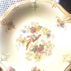 Puede incluir: Un cuenco de porcelana vintage de color crema con un borde dorado y un diseño floral. El cuenco presenta un pájaro colorido posado en una rama con flores rosas, amarillas y azules.