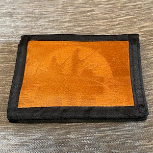 Vintage - Black Canvas Wallet - Velcro Closure - Fishermen in Boat - Tooled Leather Front Pocket - Tri-Fold - Excellent Condition