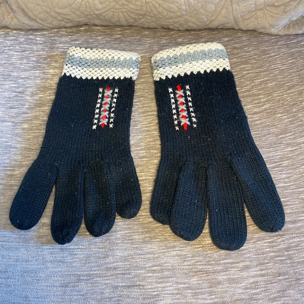 Vintage - 1970's -Black Cotton Knit Gloves - Ladies -Gray & White Shell Pattern at Cuff - Gray, White and Red "X" Pattern Embroidered on Top