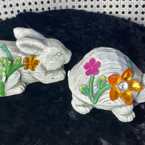 Small Plaster Turtle and Bunny with Flower Gems Attached - Garden Décor