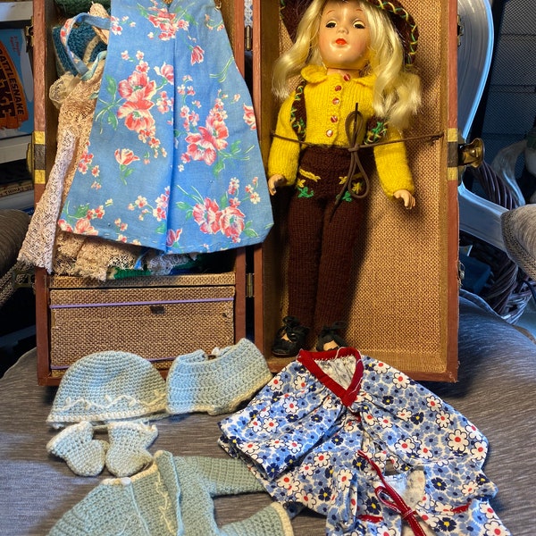 Vintage - 1940's - Mary Hoyer Doll & Trunk - Includes 12 Different Outfits - 38 Piece Wardrobe - Original Black Shoes - White Ice Skates