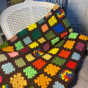 Vintage 1970s Granny Square Crochet Afghan Throw: Dark Brown, Colorful Blocks