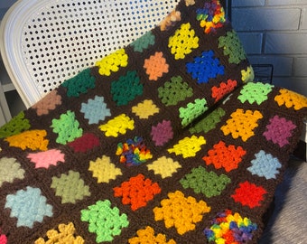 Vintage 1970s Granny Square Crochet Afghan Throw: Dark Brown, Colorful Blocks