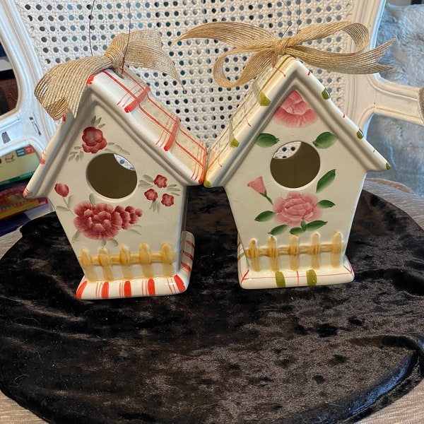 Vintage - Pair of Two (2) -  Lovely Ceramic Birdhouses - Pink and White - Green and White -  Painted Flowers - Burlap Ribbon Bow - 7” Tall