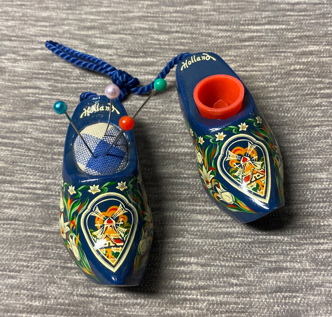 Vintage 1960's Scandinavian Sewing Souvenir Miniature Wooden Shoes