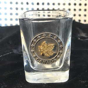 Vintage - Canada - SQUARE - Short - Shot Glass - Metal Raised Maple Leaf Emblem - 2 1/2&quot; Tall x 2&quot; Diameter