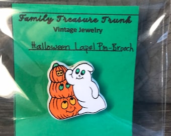 Vintage - 1987 - Collectible - Stacked Jack-O-Lanterns - White Ghost - Lapel Pin - Brooch - Halloween - Fall Season