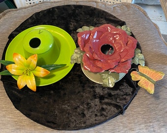 Vintage - Pair of Two (2) -  Charming Metal - Tin - Birdhouses - Green “Hat” with Yellow Flower and Red Flower with Yellow Butterfly