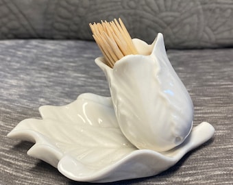 Vintage - 1950's - Chinese - Rosebud - Toothpick Holder - White Ceramic - Open Rosebud - Perched on Leaf