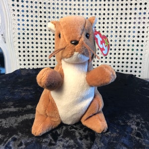 May include: A brown and white stuffed squirrel with a red and white Ty tag. The squirrel is sitting on a black surface.