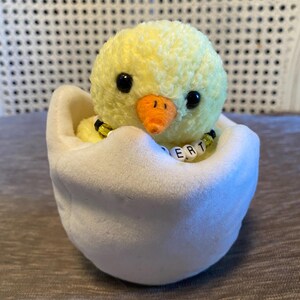 May include: A handmade yellow chick plush toy with black eyes and an orange beak, emerging from a white egg. The chick wears a beaded necklace with the letters "BERT". The egg is set on a brown surface.