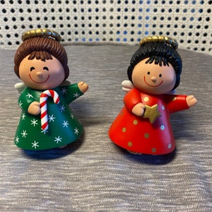 Vintage - 1991 - Hallmark - Angel Salt & Pepper Shakers - Red Dress with Black Hair and Green Dress with Brown Hair